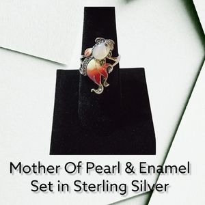 .925 Sterling Silver Ghost Fish Mother of Pearl Enamel & Marcasite Ring Size 7